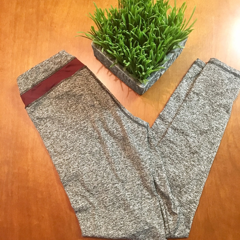 Full Length Grey Leggings With Burgundy Waistband
